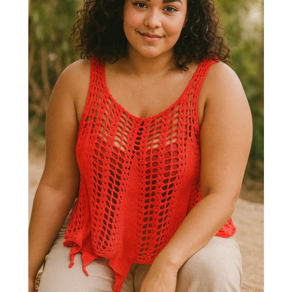 Shoreline Crochet Hot Pink Boho Tank Swim Coverup Festival Resortwear Top Sz 2XL
